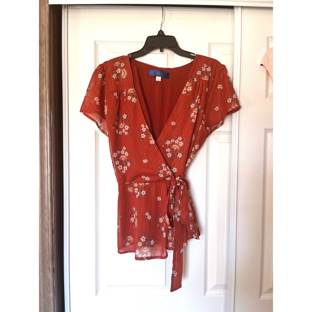 Blue Rain Rust Orange Floral Metallic Stripe Wrap Blouse V-Neck Large